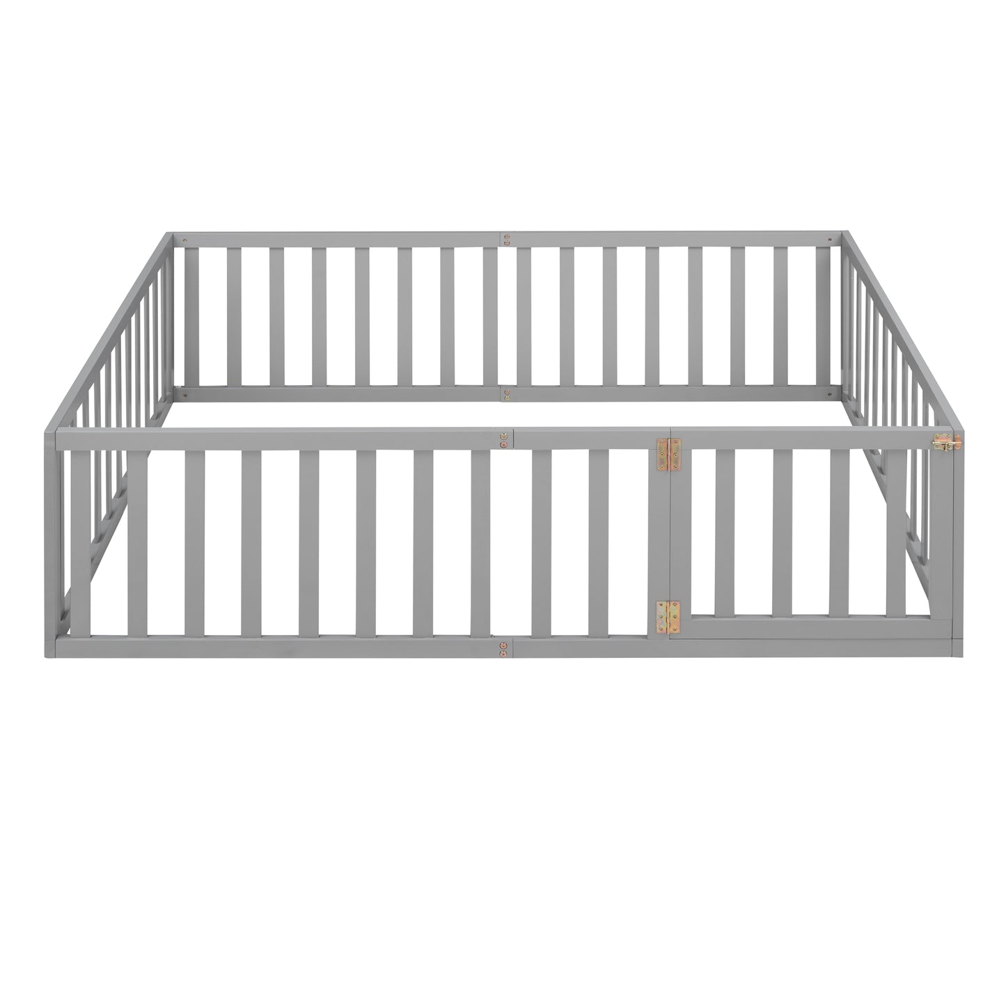 Gray wooden playpen with hinged door