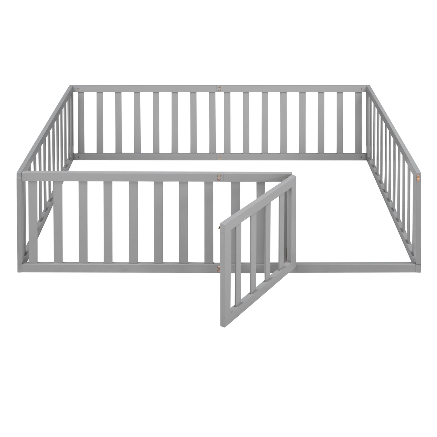 Gray wooden baby playpen with open gate