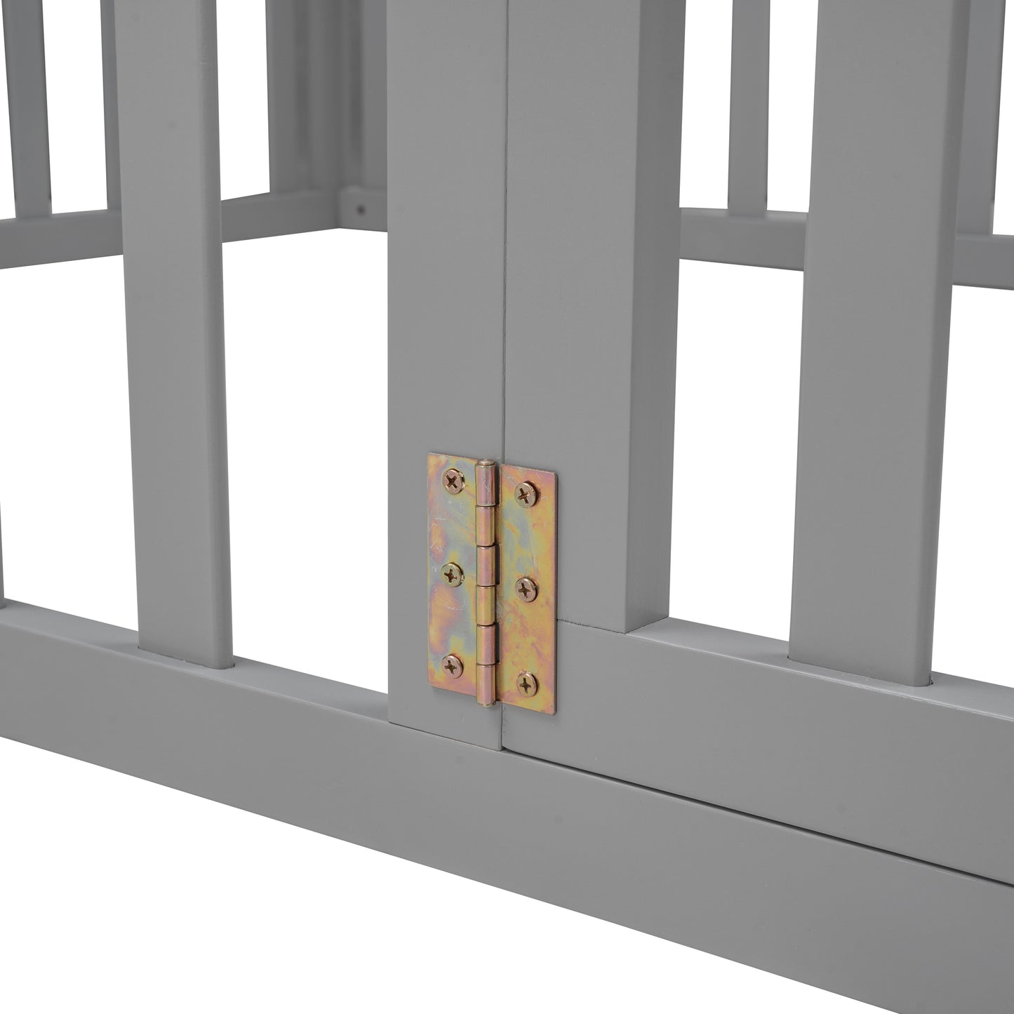 Closeup of a silver metal hinge with four screws on a grey wooden gate