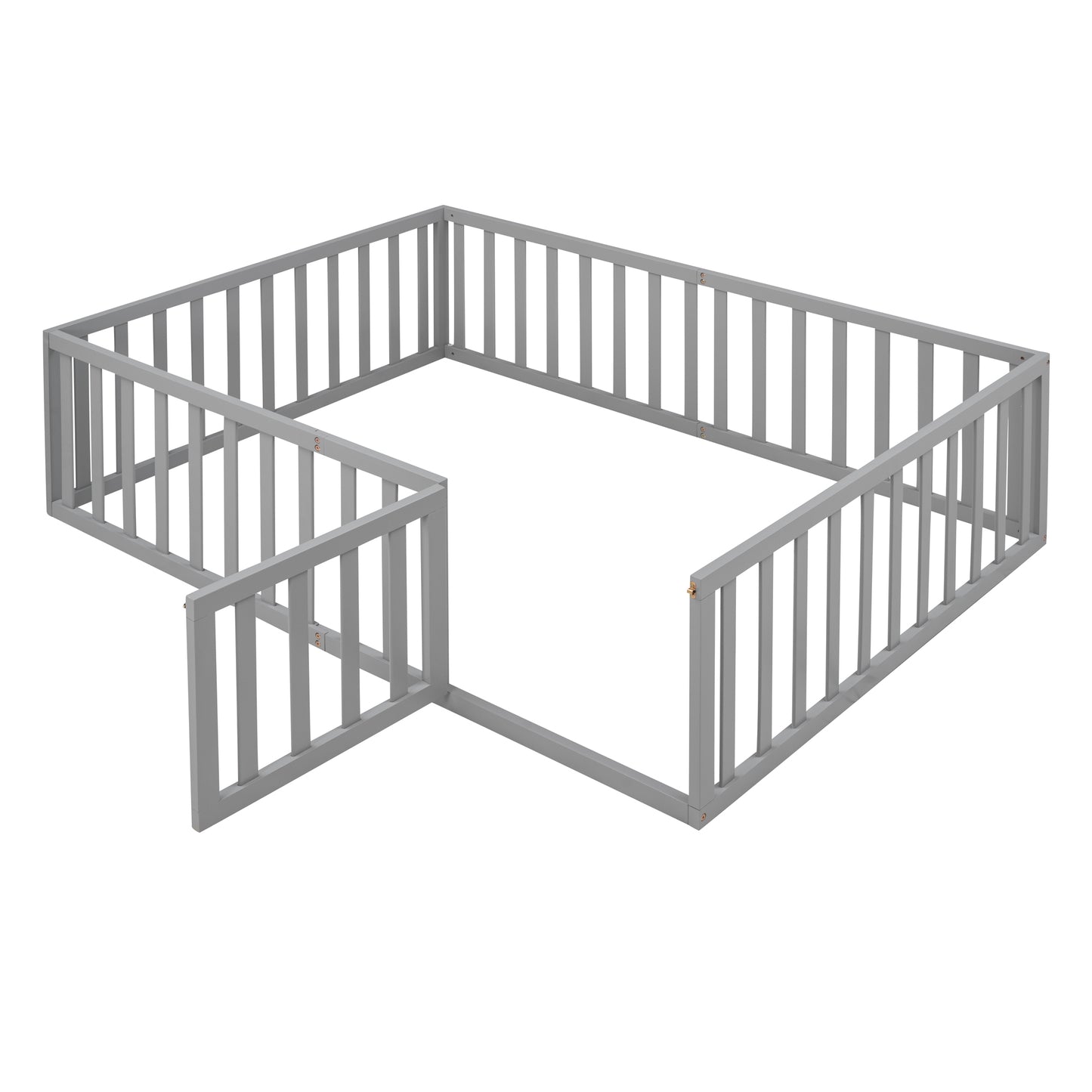 Gray wooden baby playpen with open gate