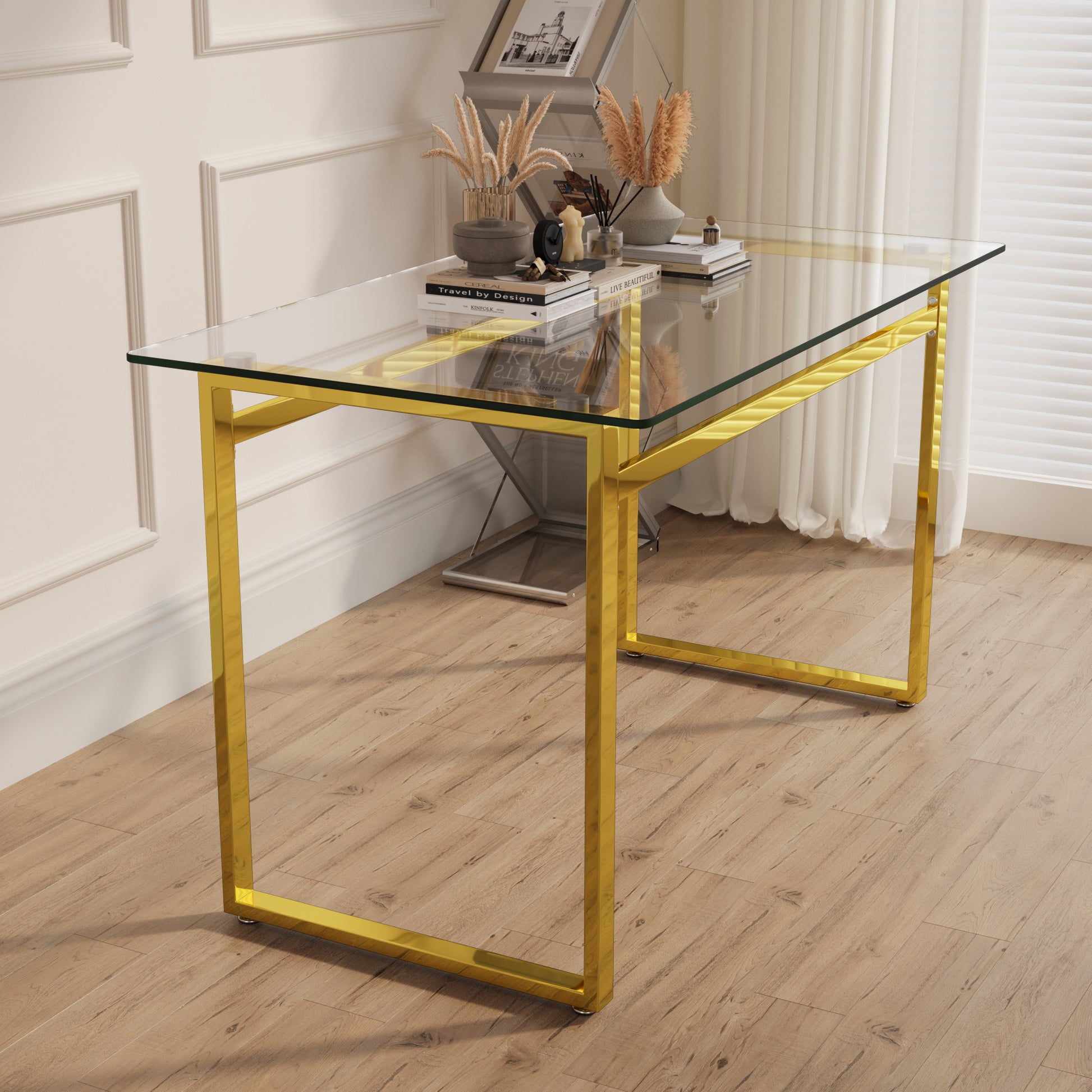 Glass top desk with gold frame legs