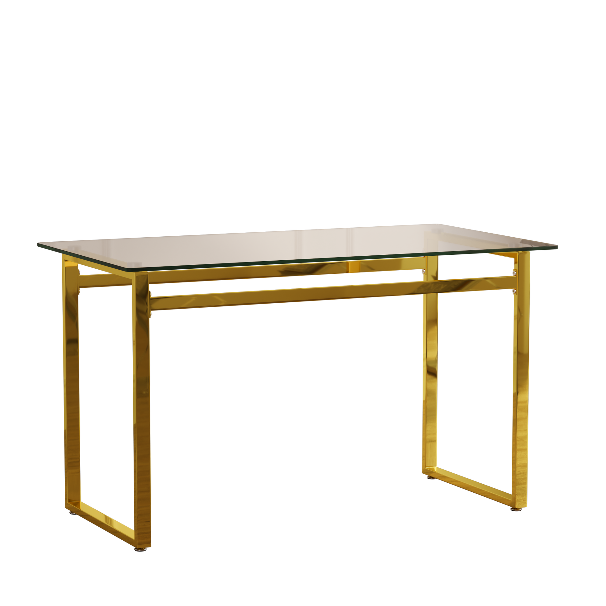 Sleek glass top console table with polished gold metal frame
