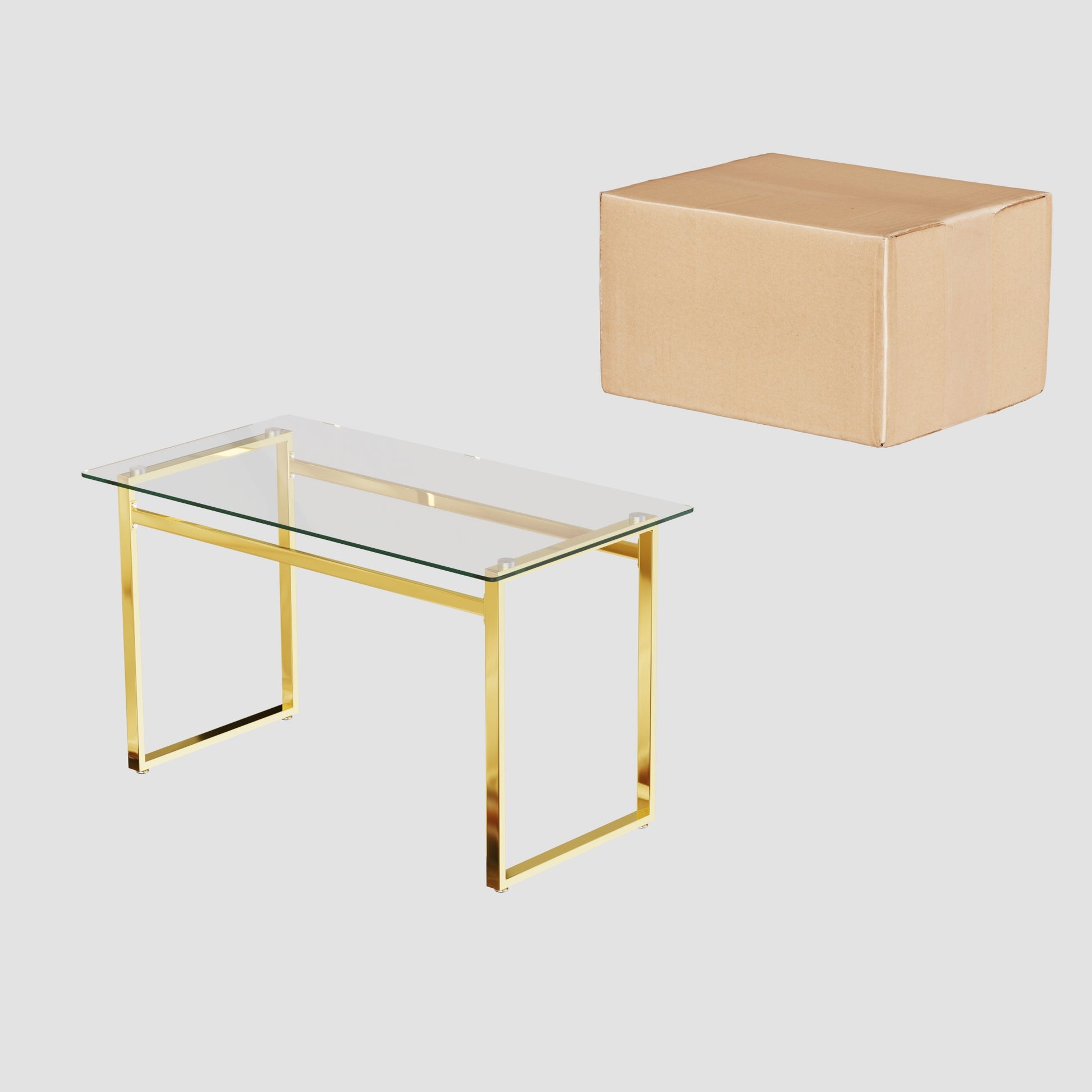 Rectangular glass coffee table with polished gold metal frame