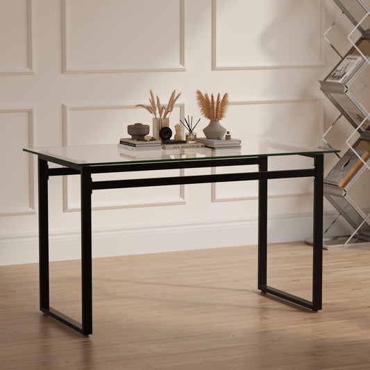 Modern glass desk with black metal legs
