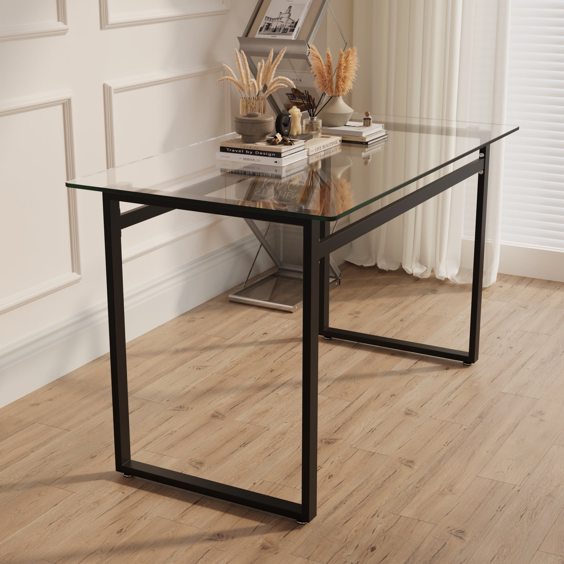 Modern glass top desk with black metal frame