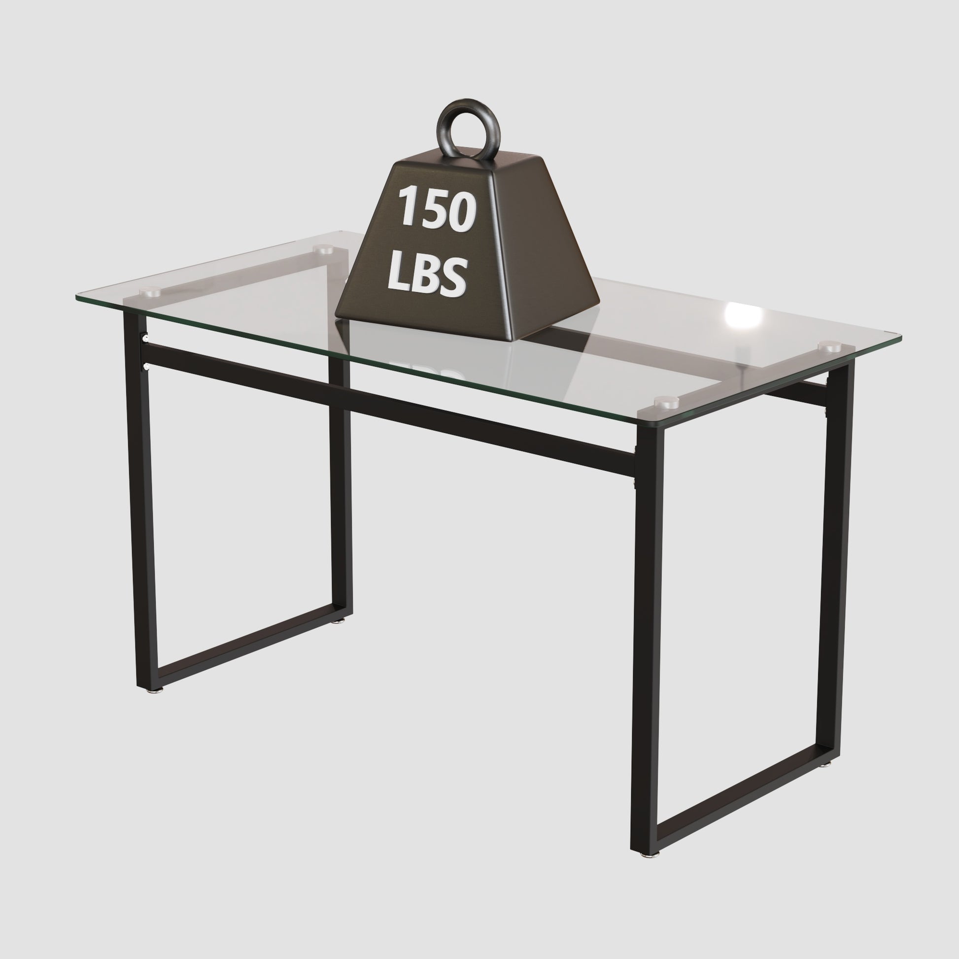 Modern minimalist desk with clear glass top and black metal frame supporting a  lb weight