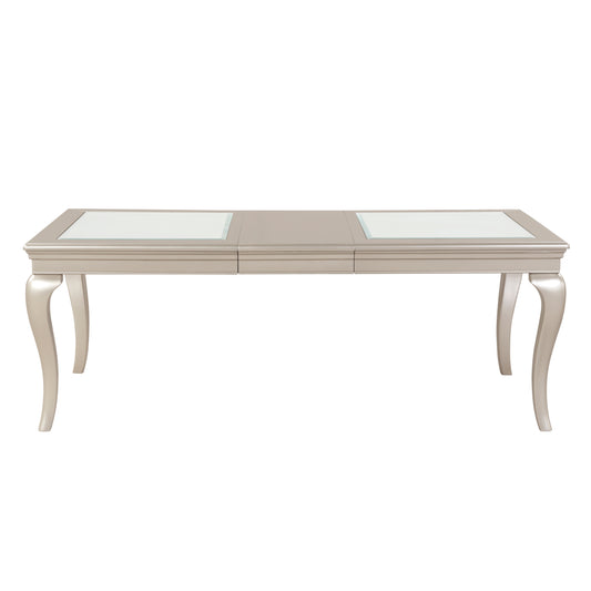 Elegant champagne dining table with glass inlays and cabriole legs