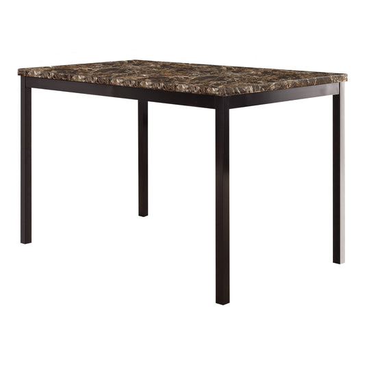 Rectangular dining table with dark brown faux marble top and black metal legs