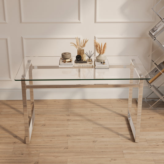Glass top dining table with chrome legs