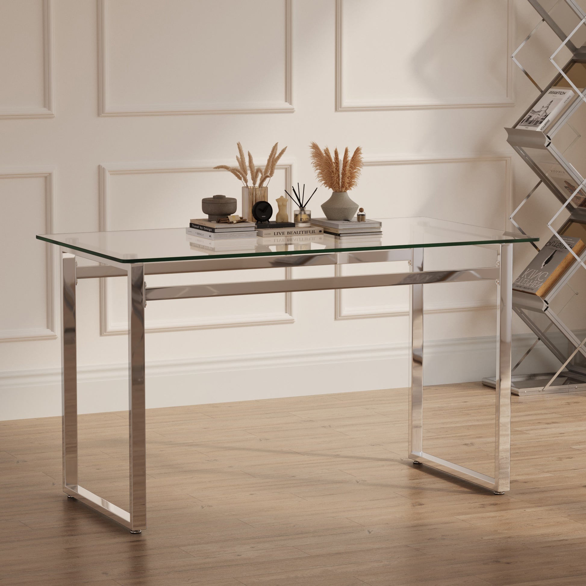 Modern glass desk with polished chrome legs