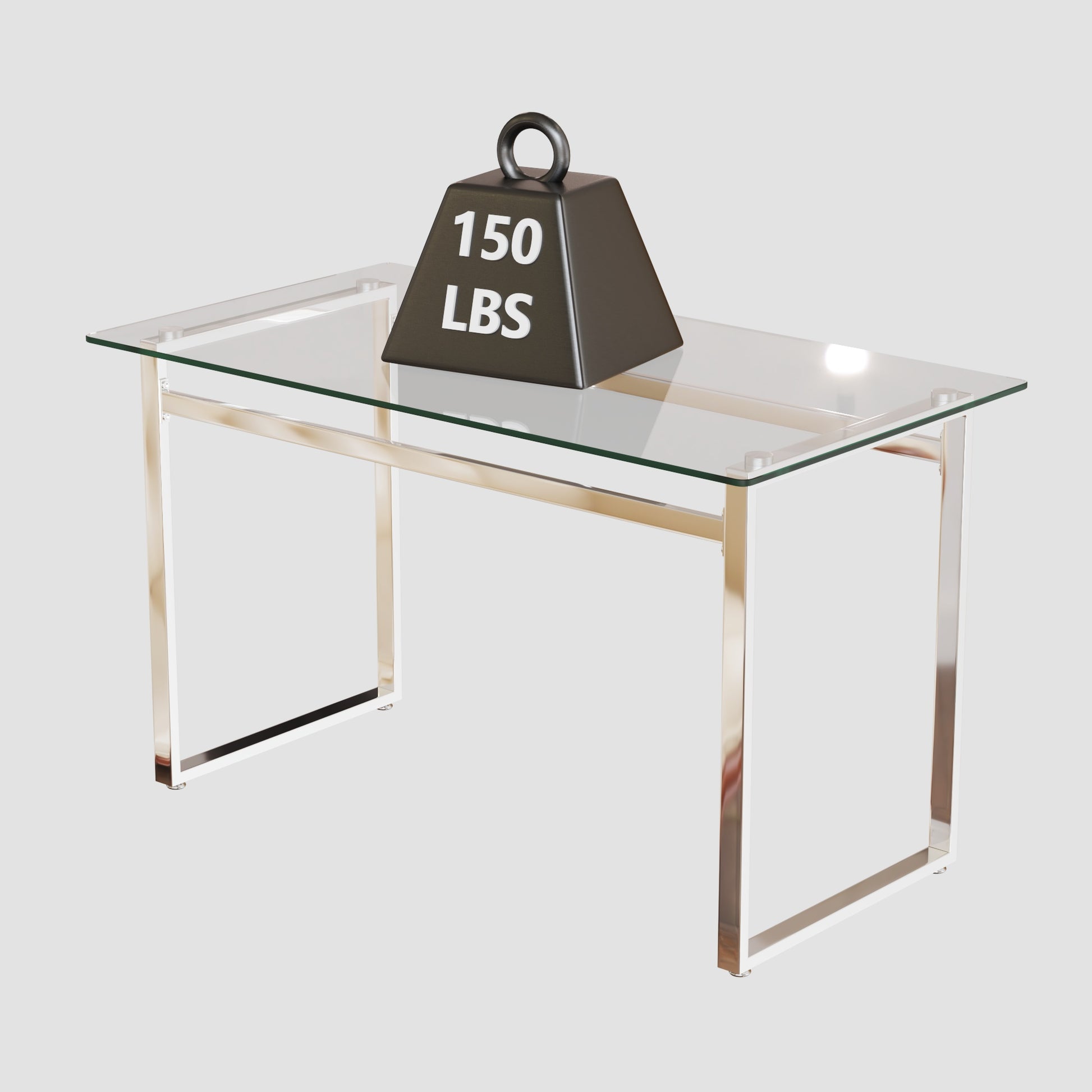 Glass top desk with sturdy chrome legs supporting a  lbs weight