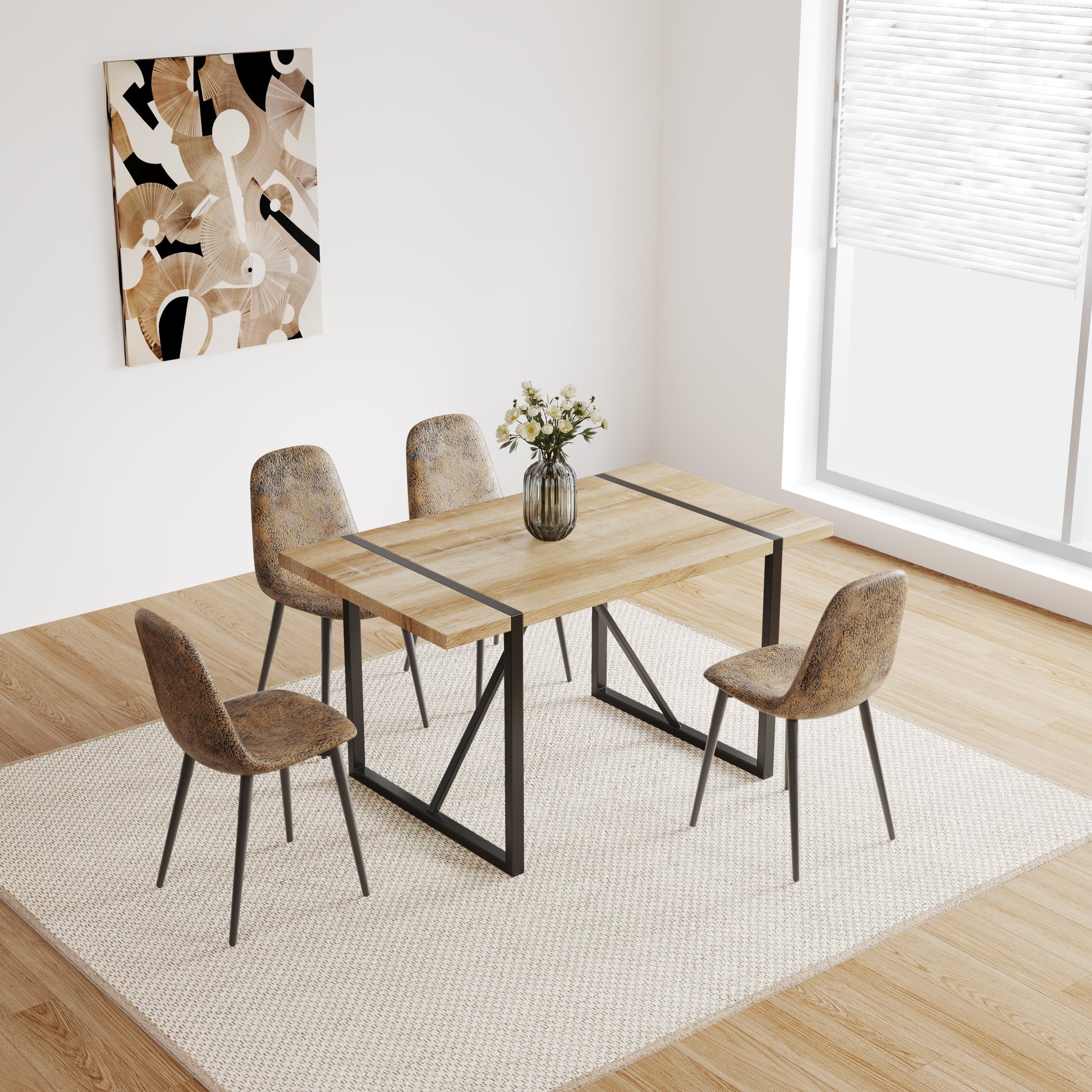 Rustic oak dining table with black metal legs and patterned upholstered chairs