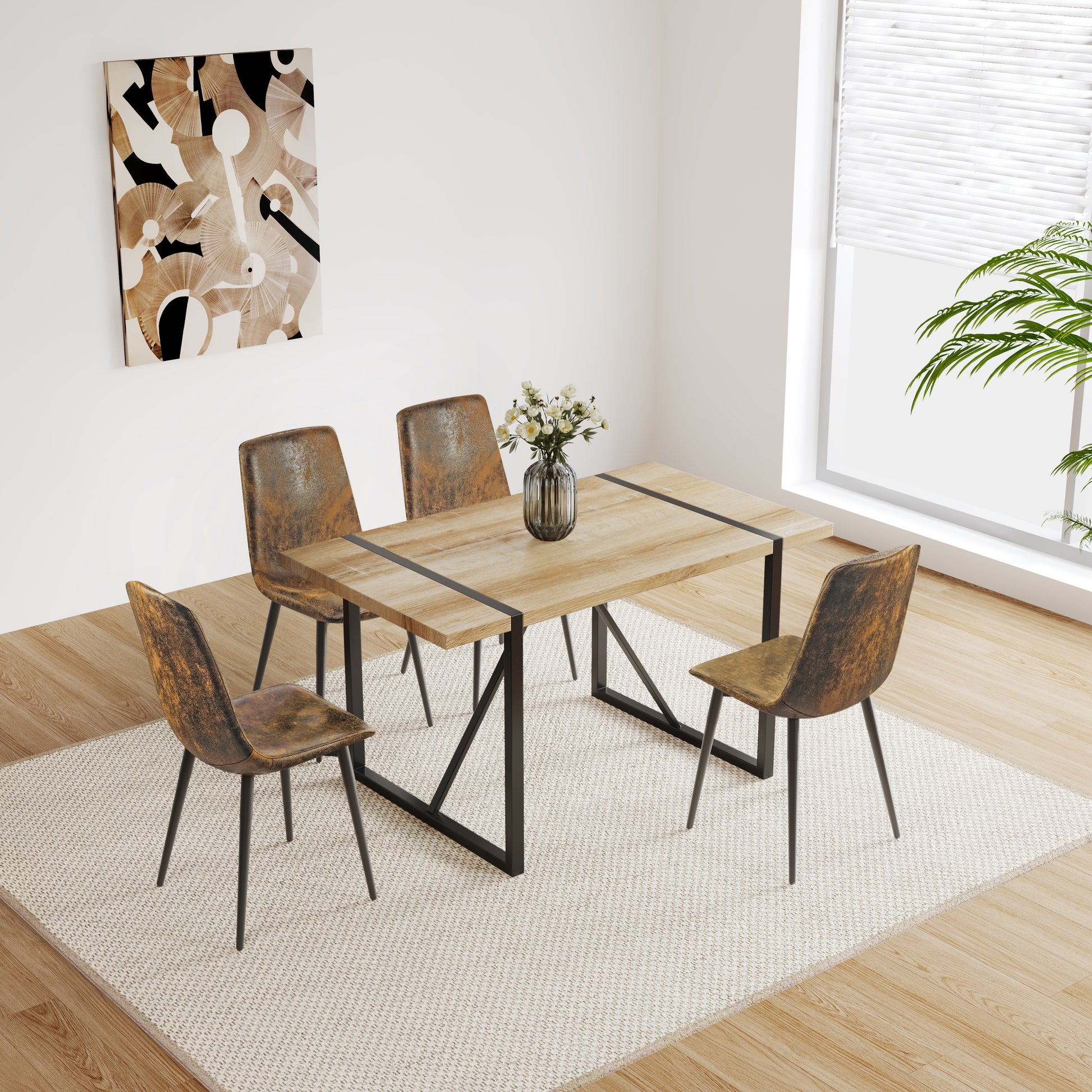 Modern dining table with natural wood top and black metal legs