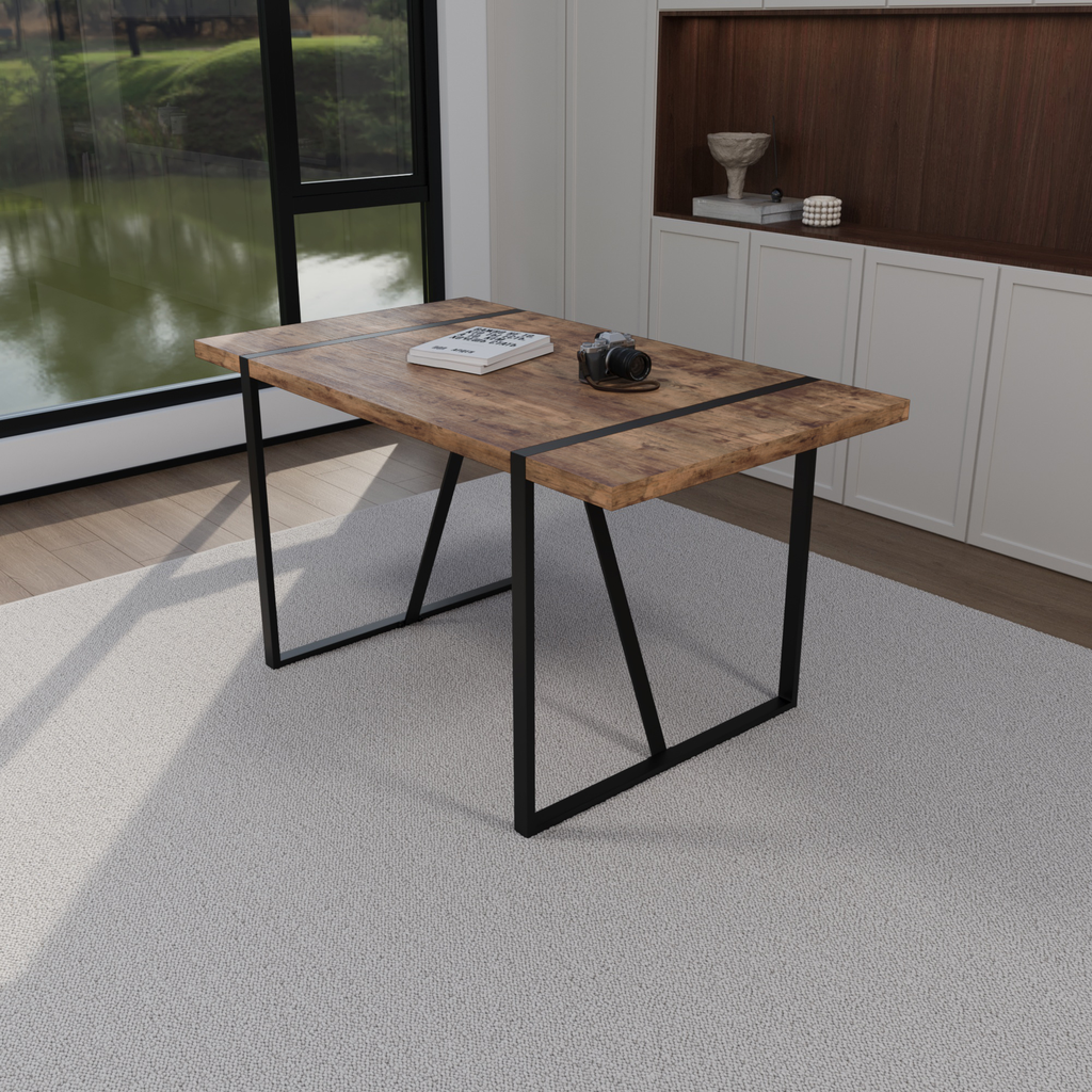 Rustic wood dining table with black metal legs perfect for modern farmhouse kitchens