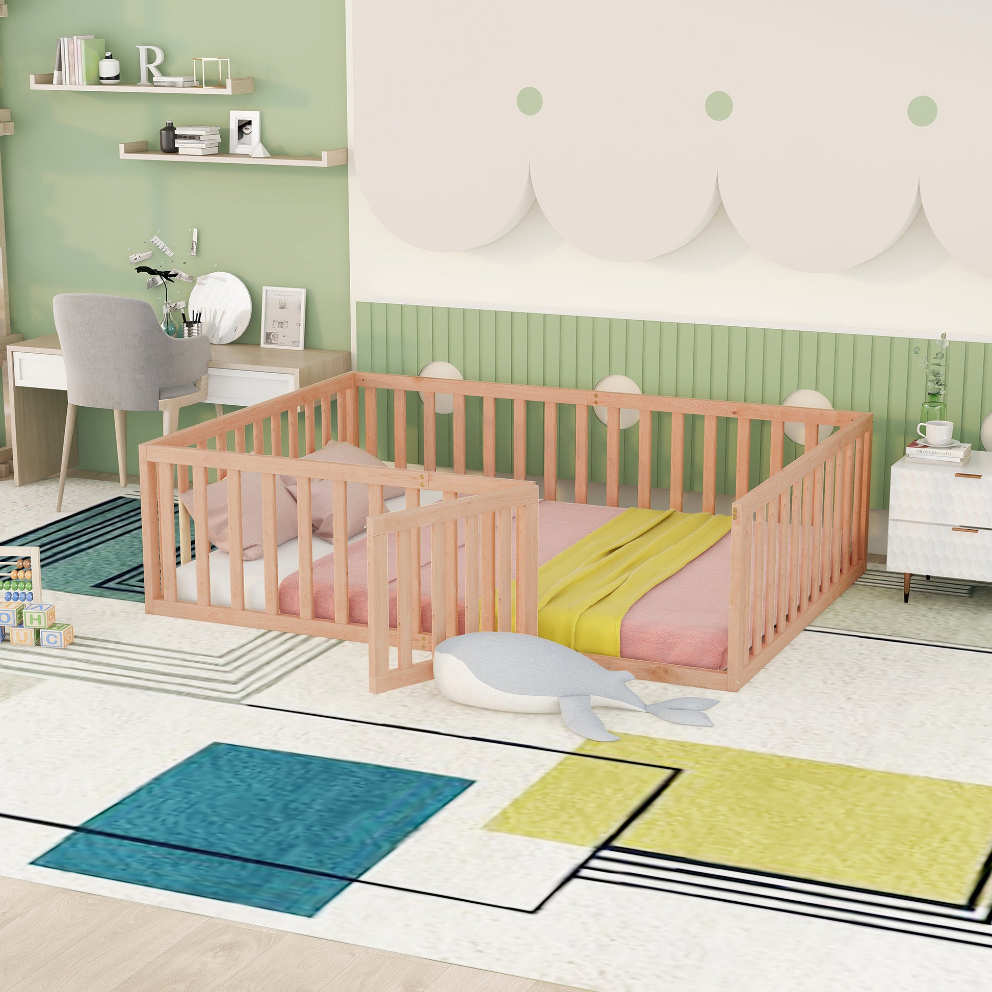 Natural wood toddler bed with pink mattress and yellow blanket