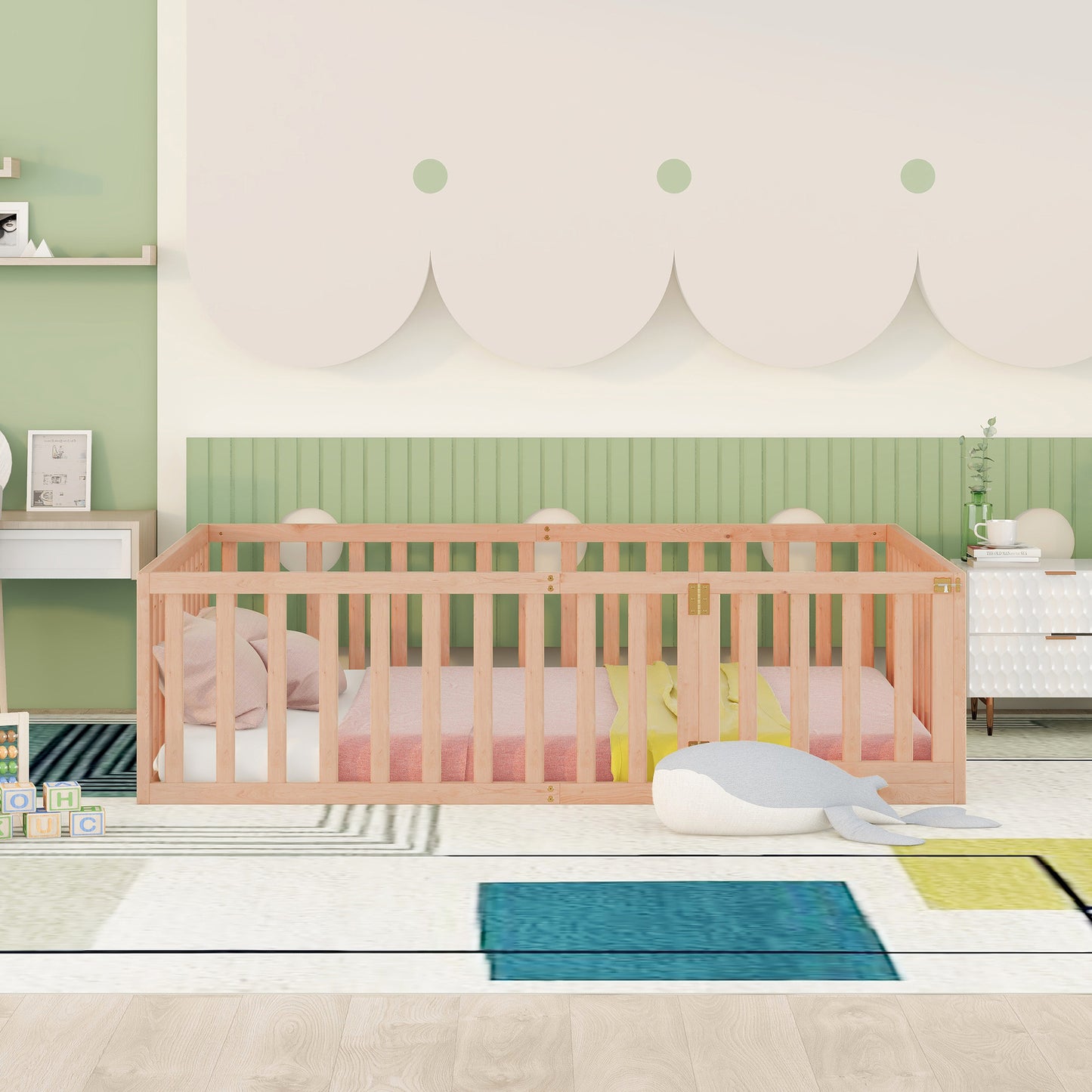 Light wood baby crib with pink bedding and yellow blanket designed for nursery