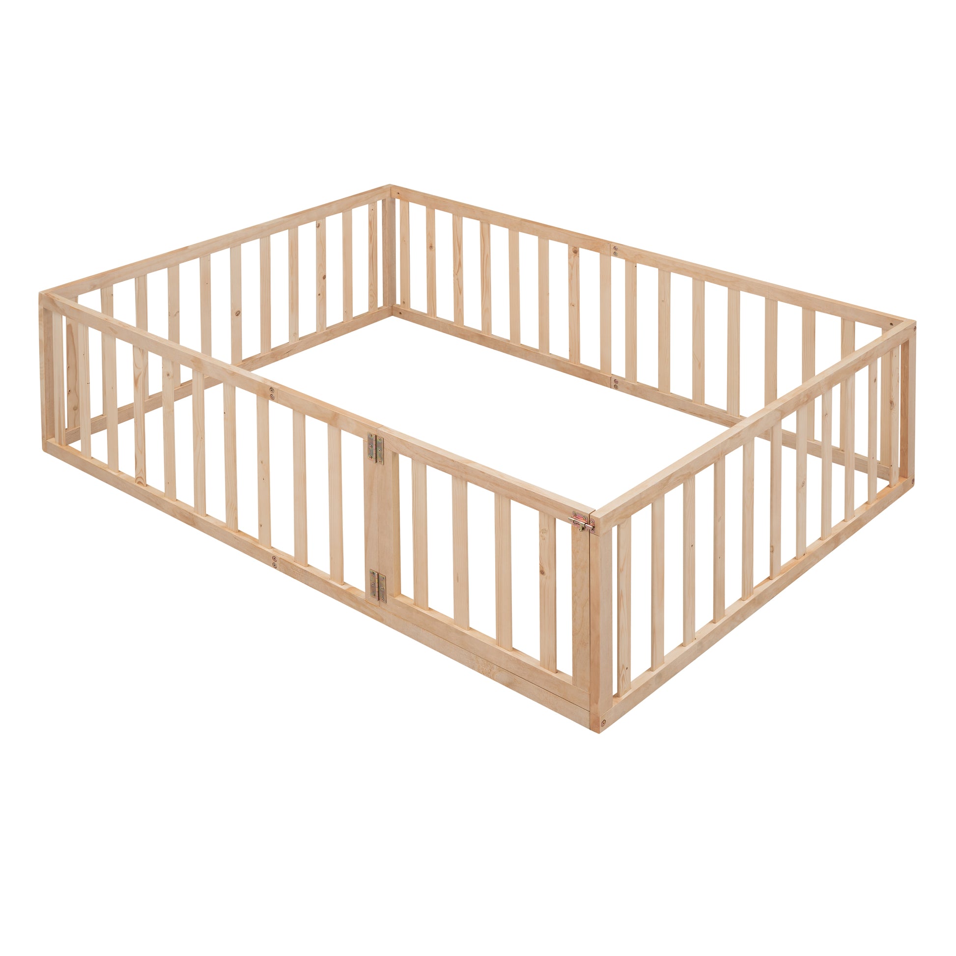 Natural wood baby playpen with safety gate