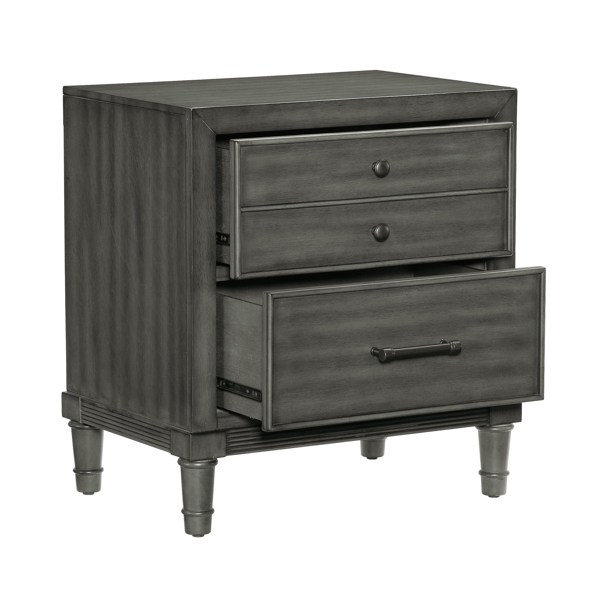 Gray wooden twodrawer nightstand with antique bronze hardware