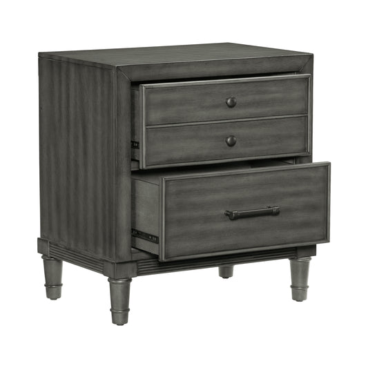 Gray wooden twodrawer nightstand with antique bronze hardware