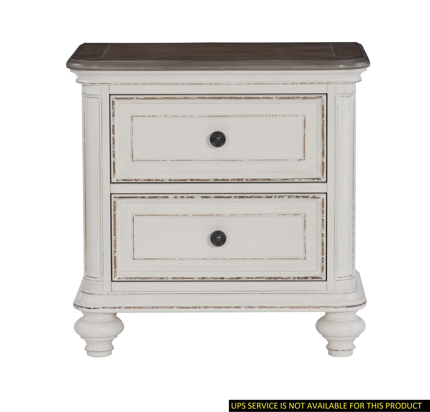Distressed white twodrawer nightstand with dark wood top and antique brass knobs