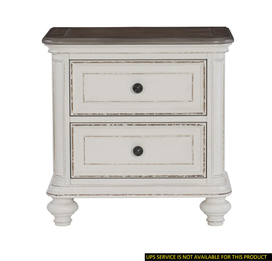 Distressed white twodrawer nightstand with dark wood top and antique brass knobs