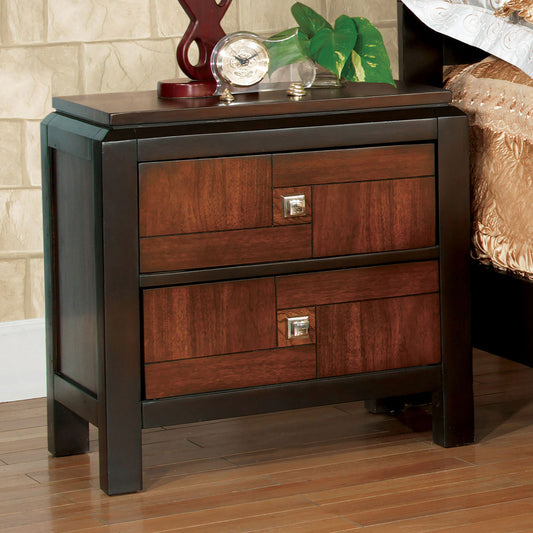 Dark wood twodrawer nightstand with polished nickel square pulls and geometric front panels