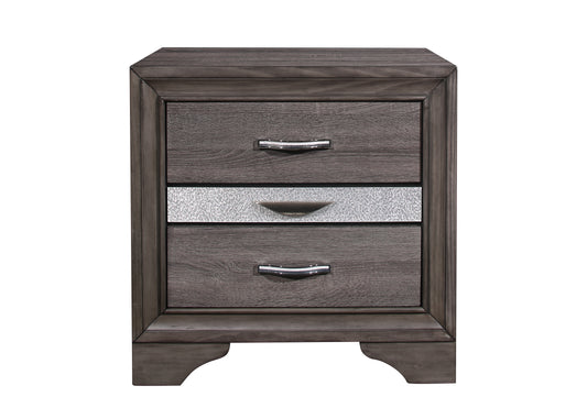 Rustic brown wood nightstand with three drawers and silver accents