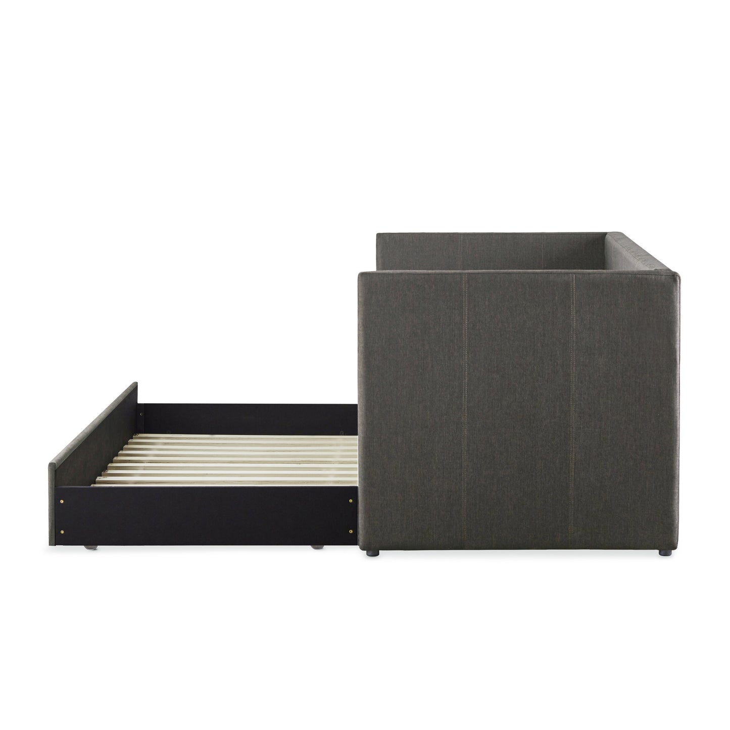 Gray Fabric Upholstered Day Bed with Pull-out Trundle and Nailhead Trim