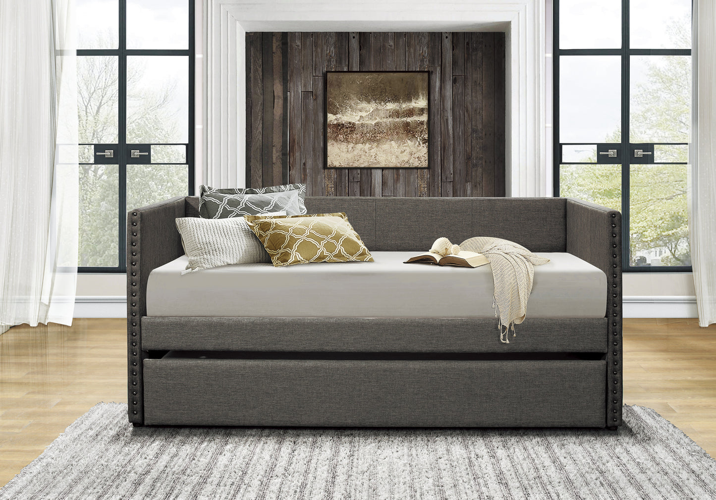 Gray Fabric Upholstered Day Bed with Pull-out Trundle and Nailhead Trim