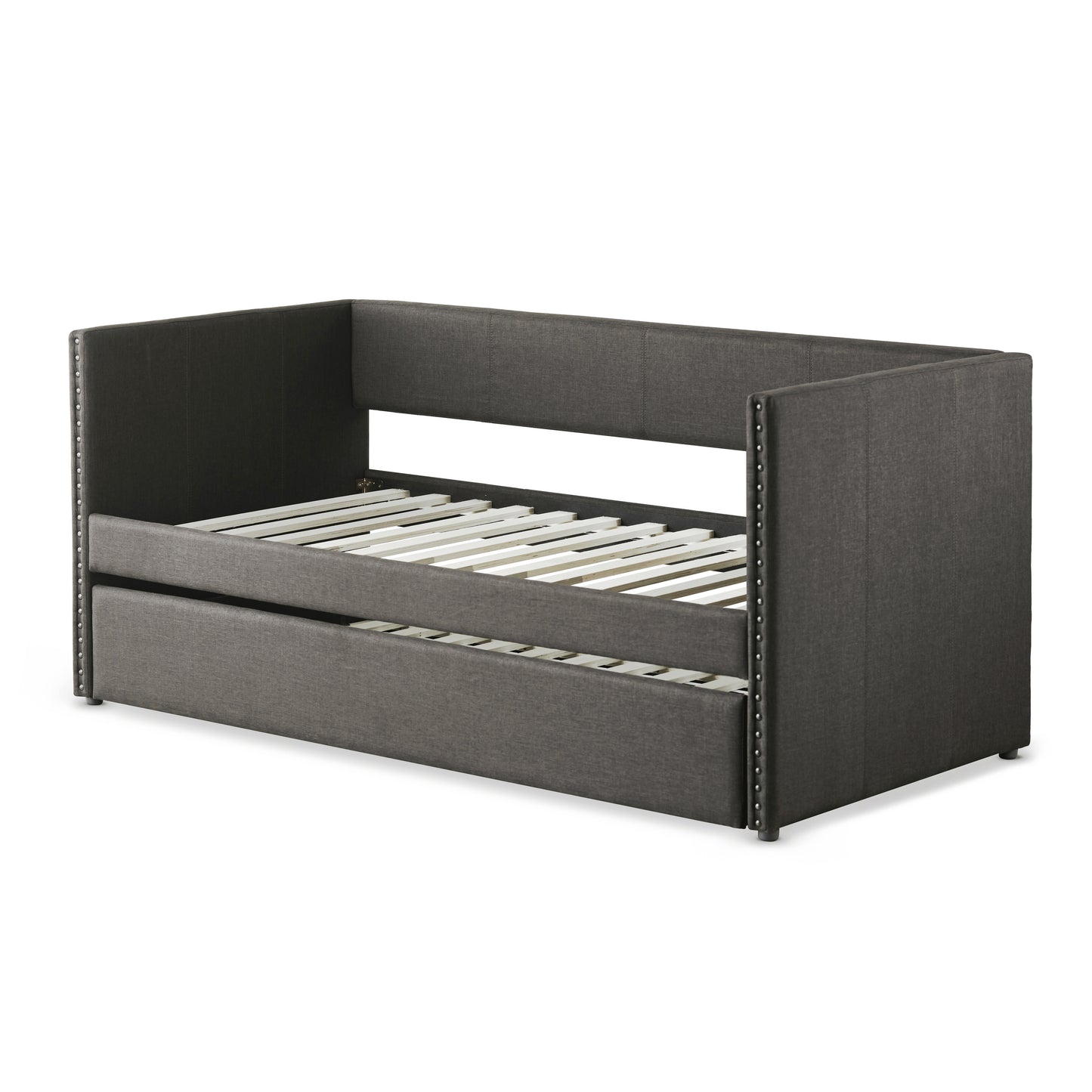 Gray Fabric Upholstered Day Bed with Pull-out Trundle and Nailhead Trim