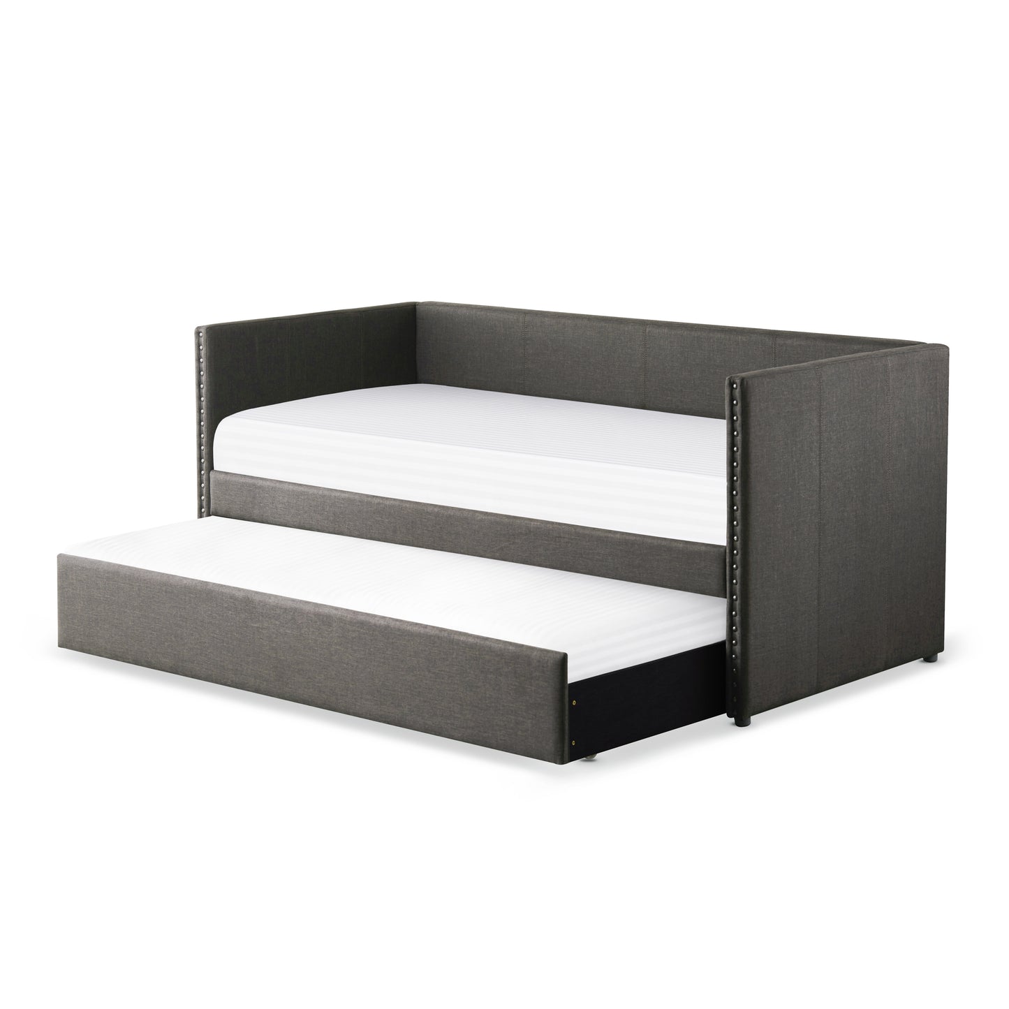 Gray Fabric Upholstered Day Bed with Pull-out Trundle and Nailhead Trim
