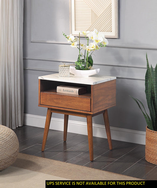 Midcentury modern walnut nightstand with white marble top drawer and orchid decor