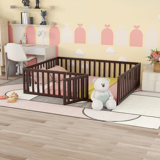 Dark brown wooden toddler bed frame with mattress and pillows