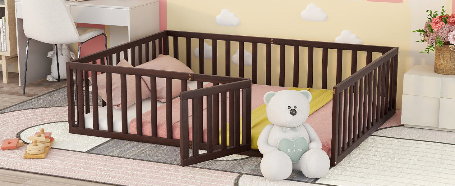 Dark wood toddler bed rail with plush toy