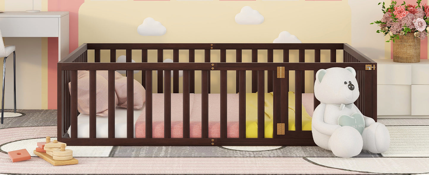 Dark brown wooden baby crib with pink bedding and yellow accents