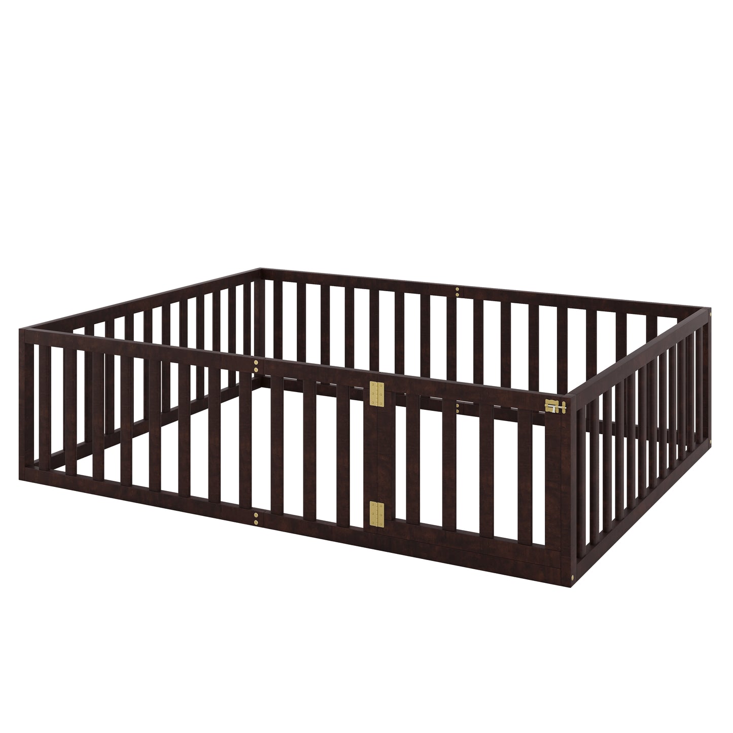 Dark brown wooden pet playpen with gold latch and hinges for safe enclosure