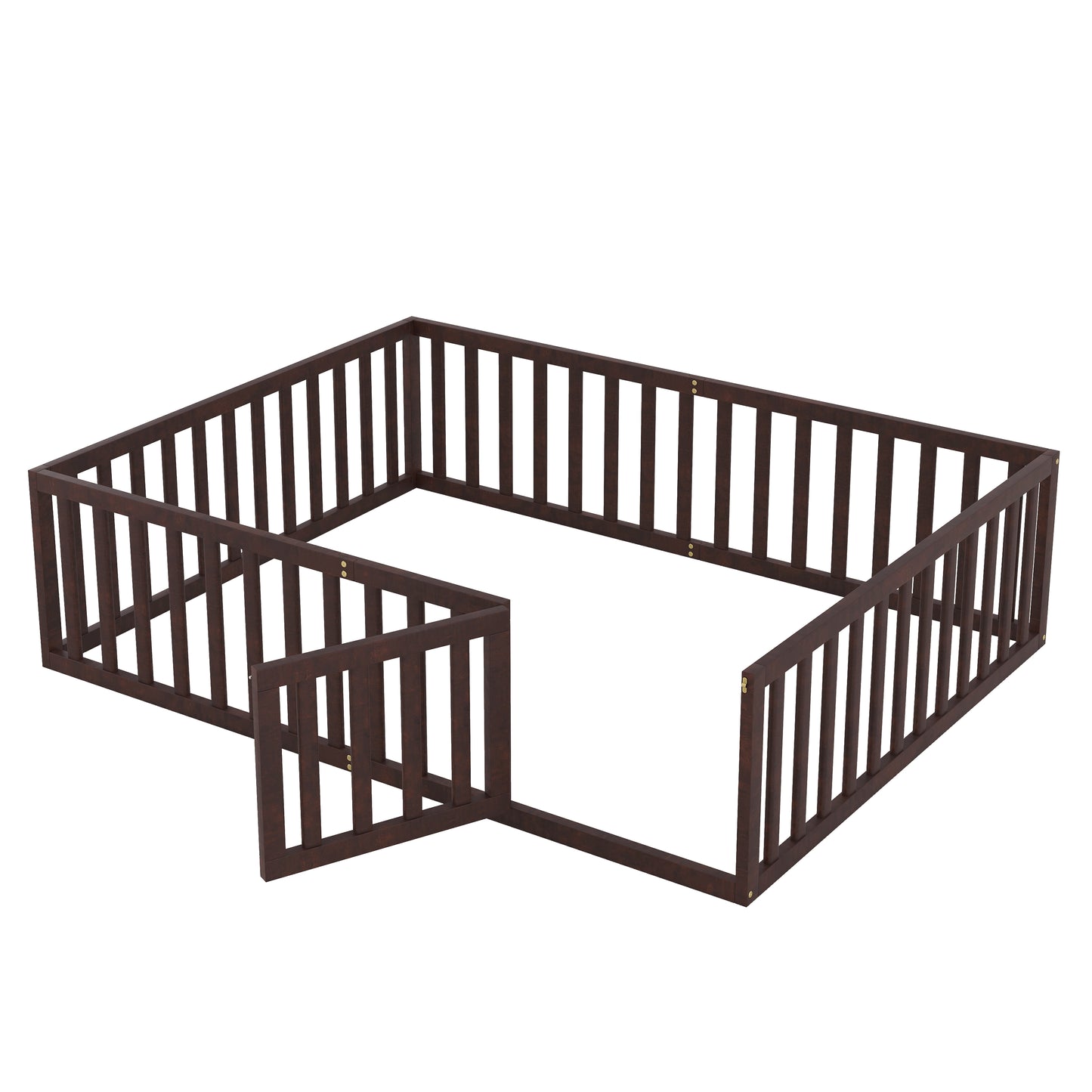 Dark brown wooden baby playpen with a gate for child safety