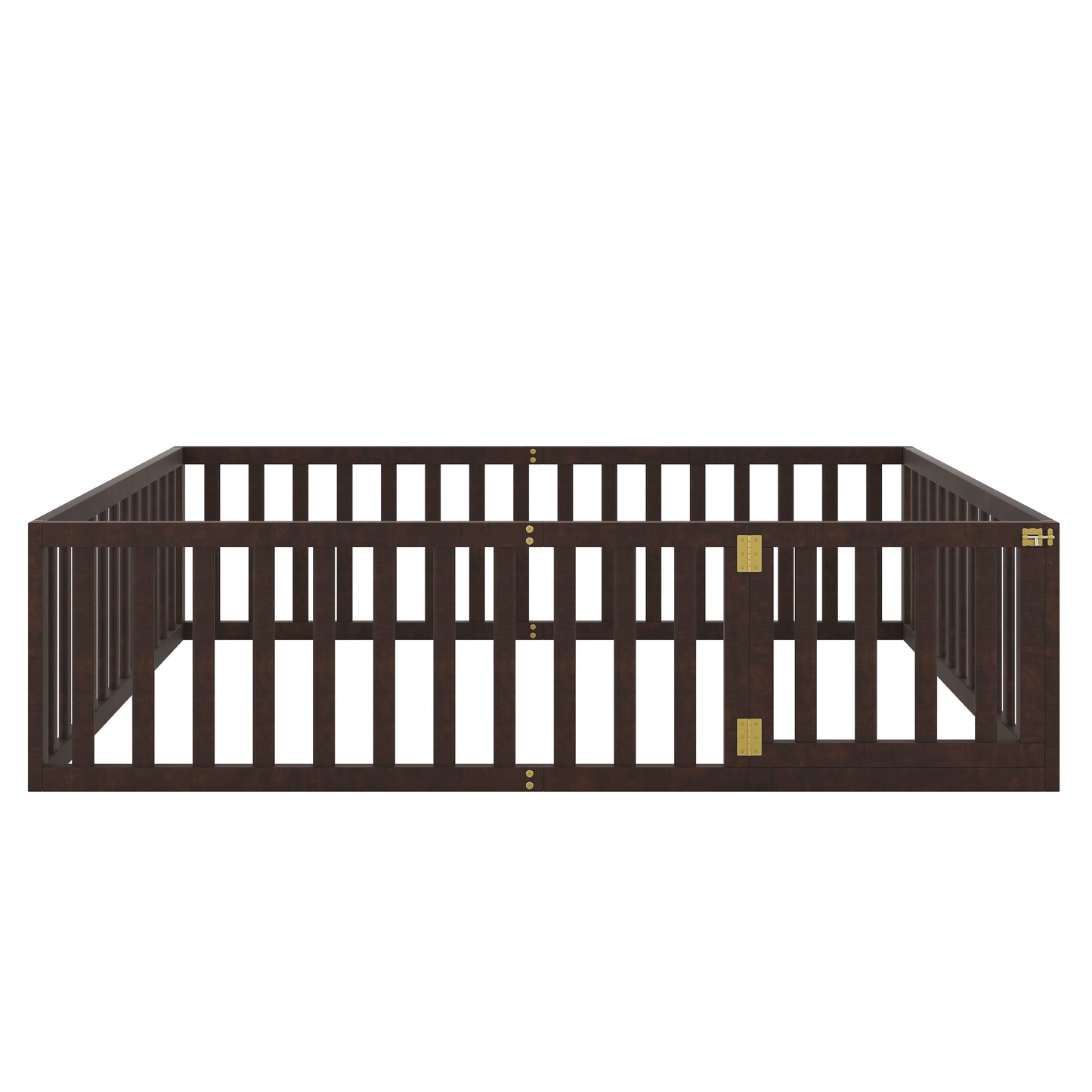 Dark brown wooden pet playpen with four gate panels and gold hinges