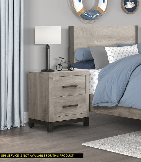 Rustic gray wood nightstand with two drawers and dark metal hardware
