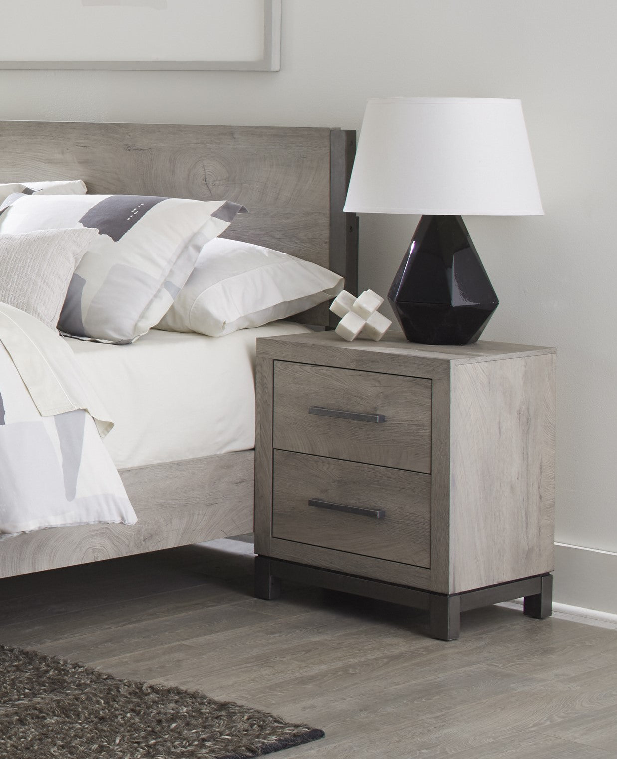 Stylish Gray Nightstand with 2 Drawers and Metal Hardware