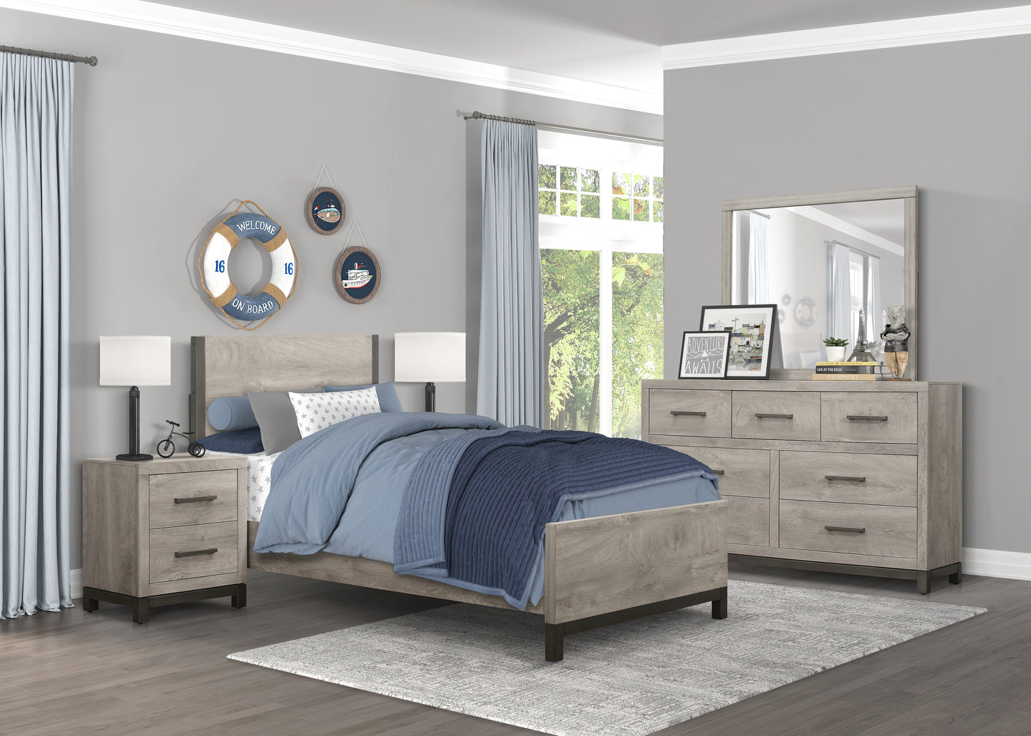 Stylish Gray Nightstand with 2 Drawers and Metal Hardware