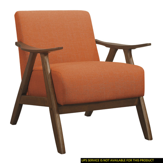 TREATLIFE HOME Accent Chair with Cushion Back and Seat, Retro Style, Orange Fabric Upholstery, Walnut Finish, Solid Rubber Wood Frame