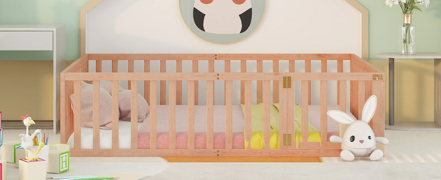 Natural wood convertible crib with dual doors and a pink mattress