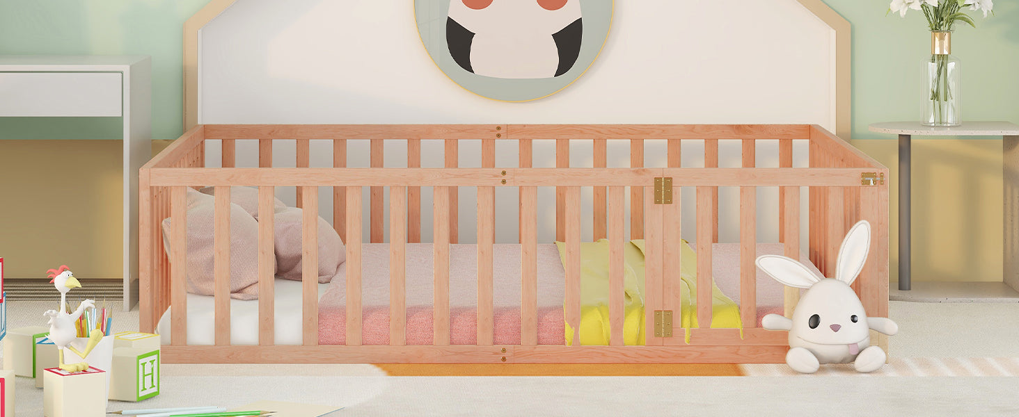 Natural wood convertible crib with dual doors and a pink mattress