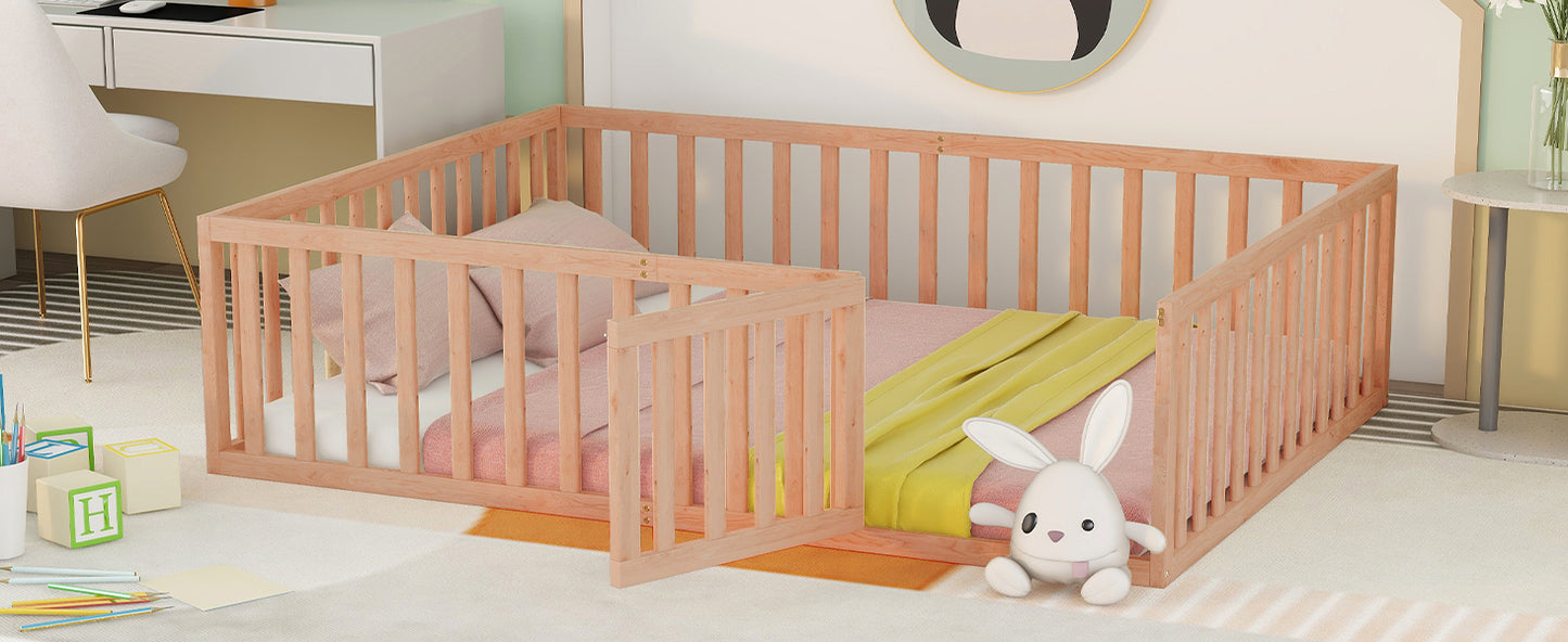 Natural wood toddler bed with adjustable railing and pink bedding