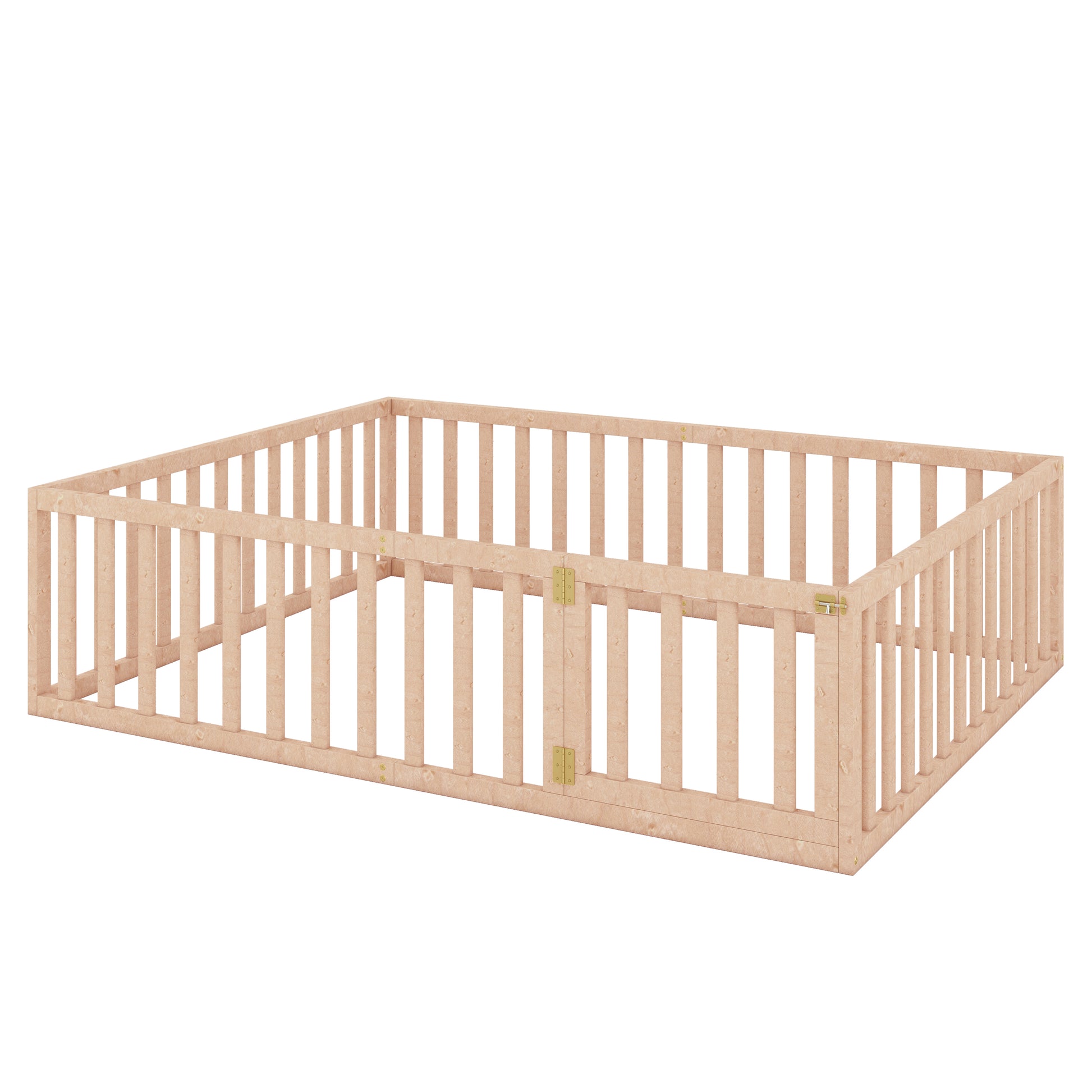 Natural wood baby playpen with hinged gate and brass hardware
