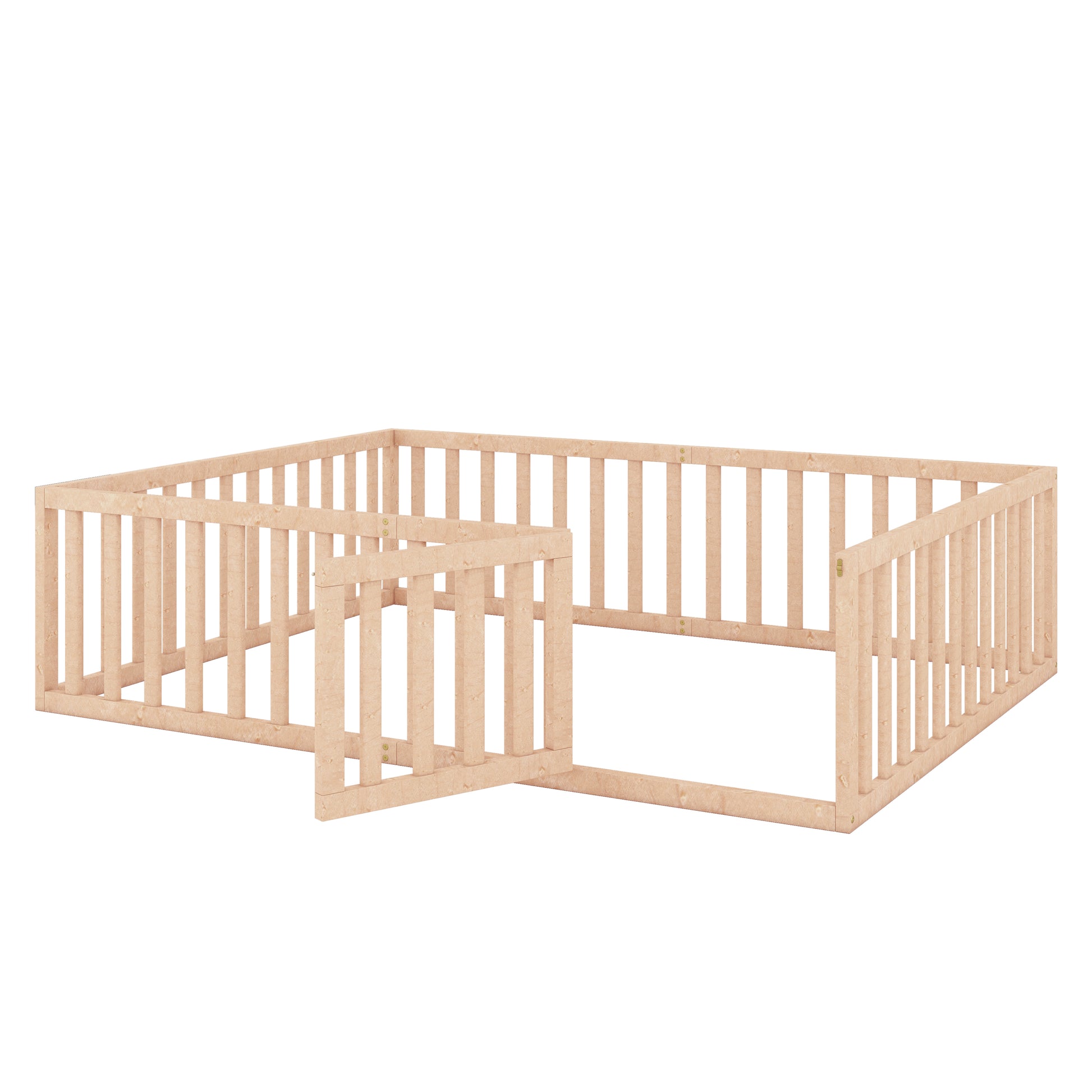 Natural wood baby playpen with a gate