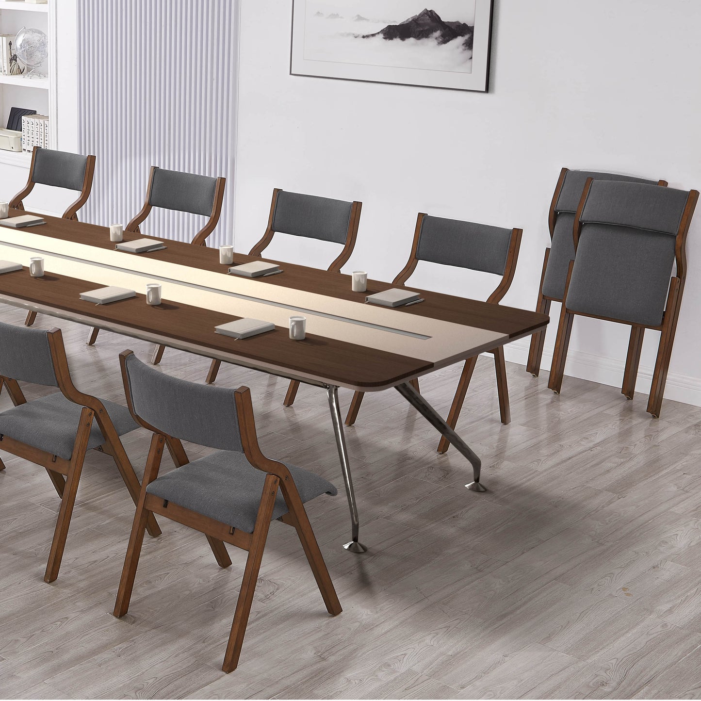 Dark wood and metal conference table with grey upholstered chairs