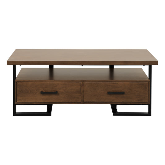 Modern walnut coffee table with two drawers and black metal frame