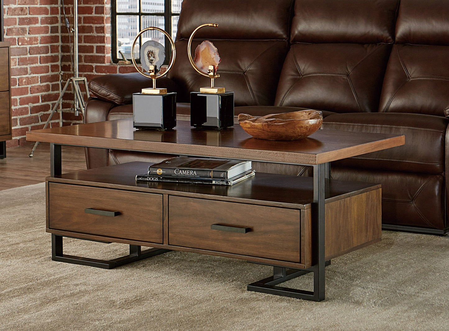 Contemporary Design Coffee Table with Drawers - Walnut and Black